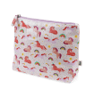 Wash bag in pale pink featuring colourful illustrations of unicorns, rainbows and stars with tag