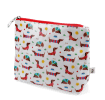 wash bag in white featuring colourful illustrations of sausage dog 