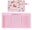 Wallet in pink featuring colourful illustrations of unicorns, rainbows and stars with open cards slot