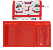 Wallet in white featuring colourful illustrations of sausage dog wearing striped jumper with open cards slot