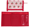 Wallet in pink featuring colourful illustrations of red cherry print with open cards slot