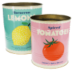 Two retro-style storage tins featuring one with a lemon print and one with a tomato print in different colour