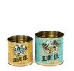 Two vintage-style olive oil-themed storage tins.