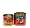 Two vintage-style passata-themed storage tins, one small with a tomato print and one large with a chilli print.