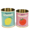 Two vintage-style storage tins, one with a lemon print and one with a tomato print.