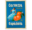 Cotton tea towel featuring a stylized "Cerveza Española" design, with an illustration of a woman in traditional Spanish dress