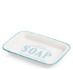 Rectangular ceramic soap dish with a light blue border and printed text 'SOAP'
