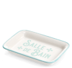 Rectangular ceramic soap dish with a light blue border and printed text 'Salle de bain' 