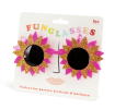 pink flower-shaped funglasses with gold glittery accents and dark round lenses with packaging