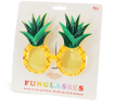 Pineapple-shaped funglasses with yellow textured frames, round yellow lenses, and green leaf accents with packaging