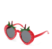 Red strawberry-shaped funglasses with green leaves, and dark round lenses