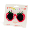 Red strawberry-shaped funglasses with green leaves, and dark round lenses with packaging