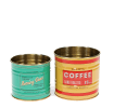 Two vintage-style storage tins, one green labelled "Morning Brew" and one yellow labelled "Barista Coffee