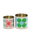 Two floral storage tins, one small with pink daisy and one large with green and blue daisy print