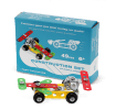 Completed colourful racing car model displayed with its packaging box