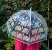 Transparent umbrella with light blue trim and rainbow pattern