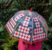Transparent umbrella with red trim and pink daisy pattern