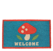 Colourful doormat featuring red mushroom and a welcome letter print 