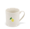 Stoneware mug featuring a yellow lemon print with green leaves and handle 