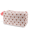 Rectangular makeup bag in pale pink with a floral pattern of small red and green flowers
