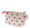 Rectangular makeup bag in pale pink with a floral pattern of small red and green flowers with tag