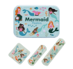 Mermaid-printed plasters placed beside a matching storage tin featuring mermaid illustrations