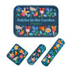 Fairy in the garden plasters beside a matching tin with fairy, butterfly, and flower illustrations