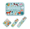 Farmyard-printed plasters placed beside a matching storage tin featuring farm animals illustrations