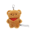 Light brown plush teddy bear keychain with a red polka-dotted bandana, metal clasp for attachment