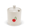 stoneware sugar pot with lid on, featuring a red cherry print and a small handle on top