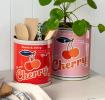 Two large Cherry tins used as utensil holder and plant pot.