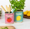 Two lemon and tomato tins repurposed as herb and utensil holders