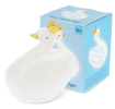 White swan night light wearing a crown, shown next to the packaging box