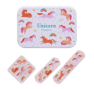 Unicorn-printed plasters placed beside a matching storage tin featuring rainbow and unicorn illustrations