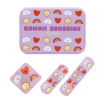 Kawaii sunshine plasters beside a matching tin with rainbow, cloud, sunshine, and heart illustrations