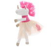 Knitted unicorn toy wearing a pink top and skirt