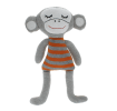 Knitted monkey toy with a grey body and wearing an orange and grey striped shirt.