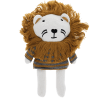 Knitted lion toy wearing a striped sweater, with white knitted legs 