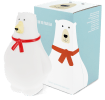 White polar bear night light wearing a red scarf shown next to the packaging box