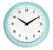 Round blue wall clock with black hands and numbers