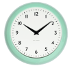 Round mint green wall clock with black hands and numbers