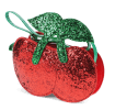 Children’s glitter handbag shaped like a red cherry, with green leaves and a green strap