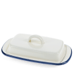 Rectangular white enamel butter dish with a blue rim and a handled lid