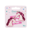 Pair of pink hair clips with glittery unicorn heads in packaging