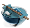 Blue ceramic noodle bowl set with spoon, chopsticks, and fish-shaped rest