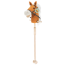 hobby horse toy with white mane and black bridle on a wooden stick
