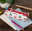 Pencil case in white featuring colourful illustrations of sausage dog 