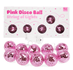 String of pink disco ball lights shown with packaging in the background.