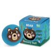 Blue bouncy ball with a bear face design next to its matching box 