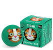 Green bouncy ball with a tiger face design next to its matching box 